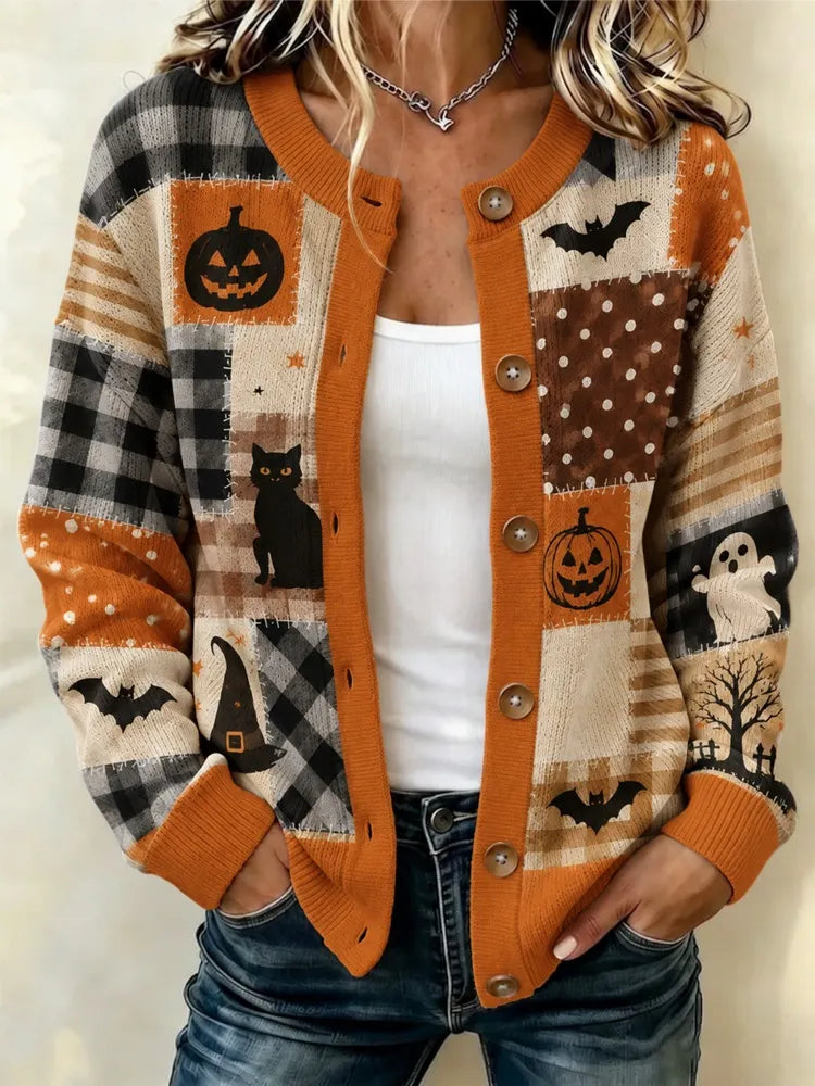 Women's Halloween Element Plaid And Stripe Print Sweater Cardigan