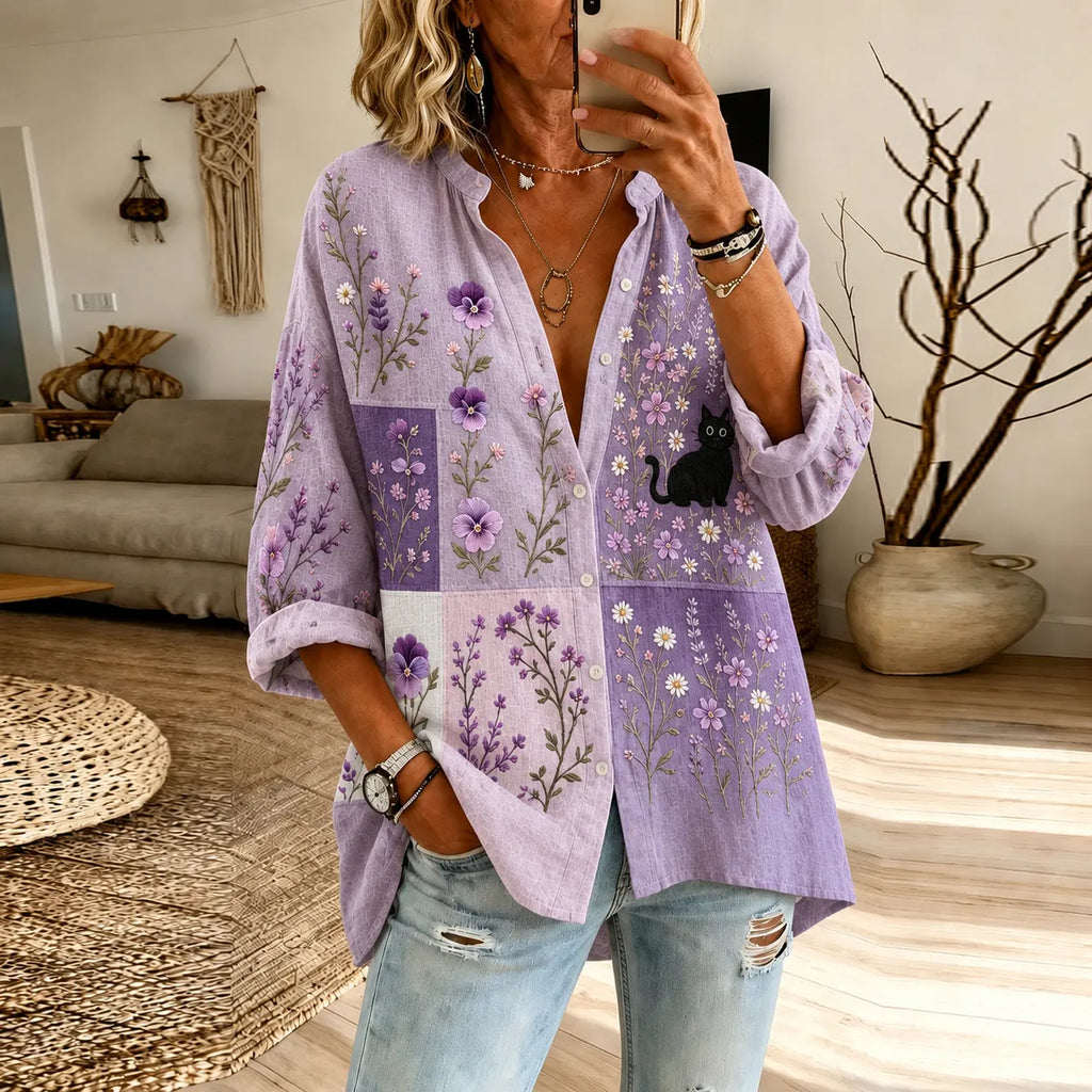 Women's Vintage Lavender Florals And Black Cat Art Print Flowy Linen Blend Long Sleeve Shirts