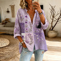 Women's Vintage Lavender Florals And Black Cat Art Print Flowy Linen Blend Long Sleeve Shirts
