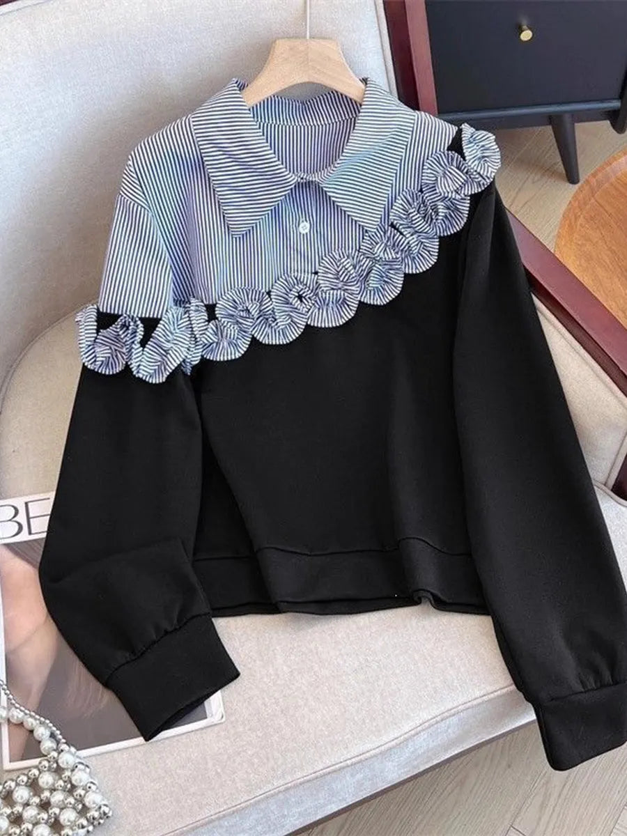 Casual Cotton Sweatshirt With Striped Ruffle Panels