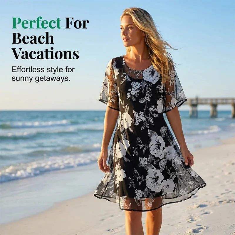 ✨ Women's A-Line Floral Dress — Double-Layer Chiffon, Elegant Print, Knee-Length Cut 👗