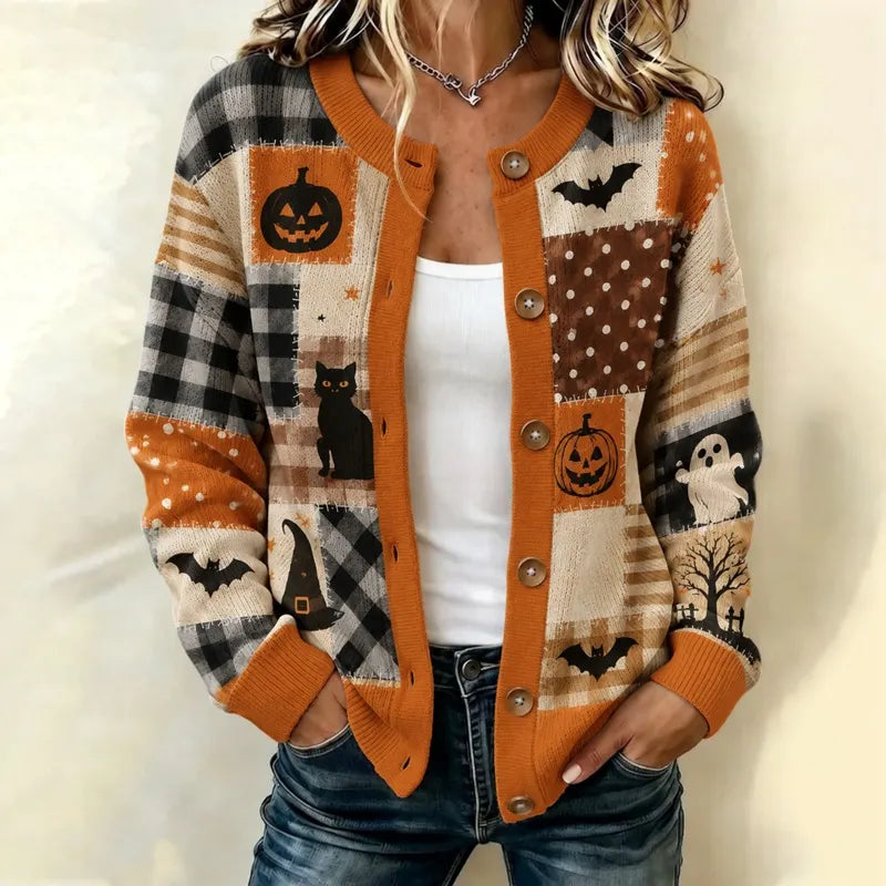 Women's Halloween Element Plaid And Stripe Print Sweater Cardigan