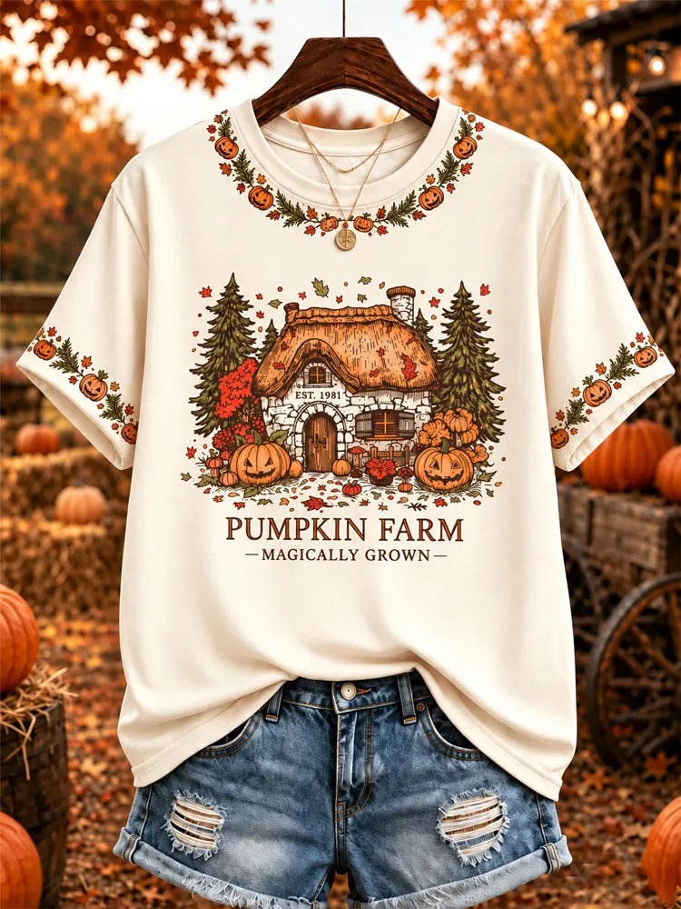 Pumpkin Farm Themed Pattern Print Short-sleeve Top
