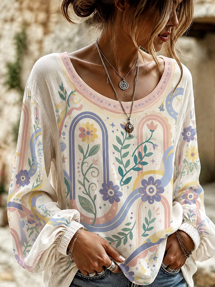 Women's Retro Arch Floral Print Long-sleeve Blouse