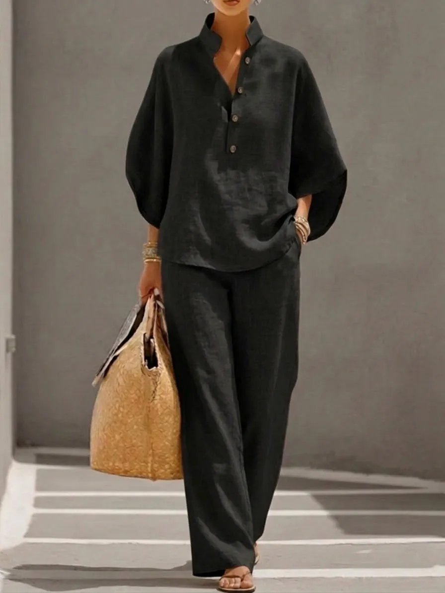 🔥 49% OFF🔥Women's Batwing Sleeve Linen Cotton Two-Piece Set – Casual Shirt & Wide Leg Pants Outfit - Khaki / S / Only 8 In Stock🚨Sale ends in 2 days⚡