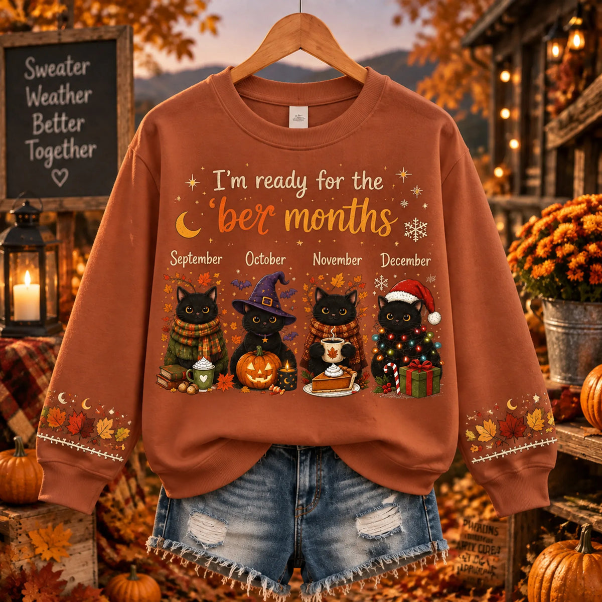 Women's Cute Retro "welcoming The 'ber' Months" Black Cat Sweatshirt