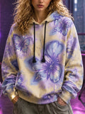 Retro Y2k Bohemian Tie-dye Style Lavender Butterfly And Floral Print Hooded Sweatshirt
