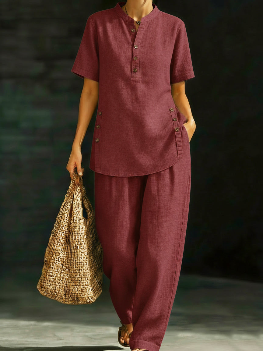 🔥Hot Sale 49% OFF🎁Cozy Casual Button Shirt And Wide-leg Pants Linen Two-piece Set