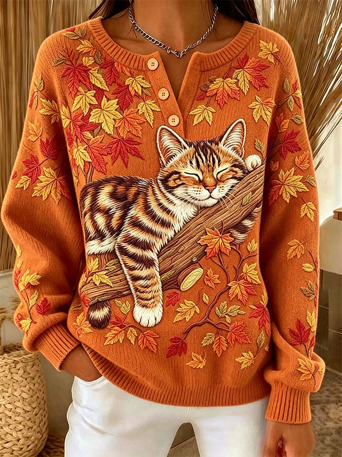 Women's Casual Print Button-Up Collar Knit Top