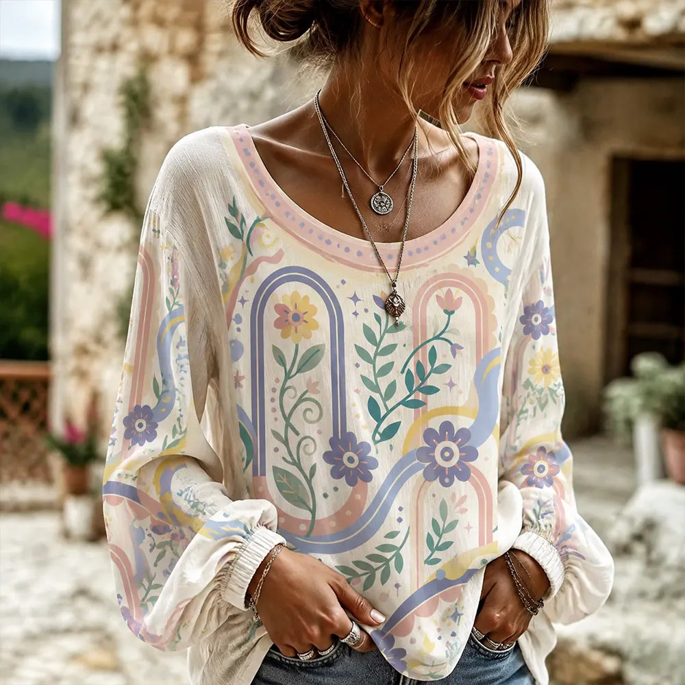 Women's Retro Arch Floral Print Long-sleeve Blouse
