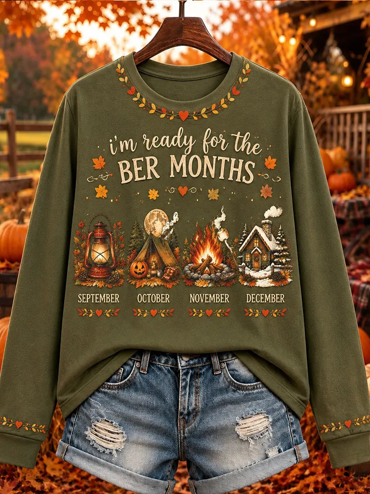 Women's Autumn "ber Months" Green Sweatshirt With Lantern, Camping, Campfire & Snowy Cabin Pattern