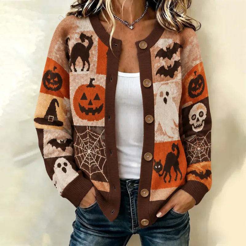 Women's Halloween-themed Patchwork Sweater Cardigan With Pumpkins And Ghosts