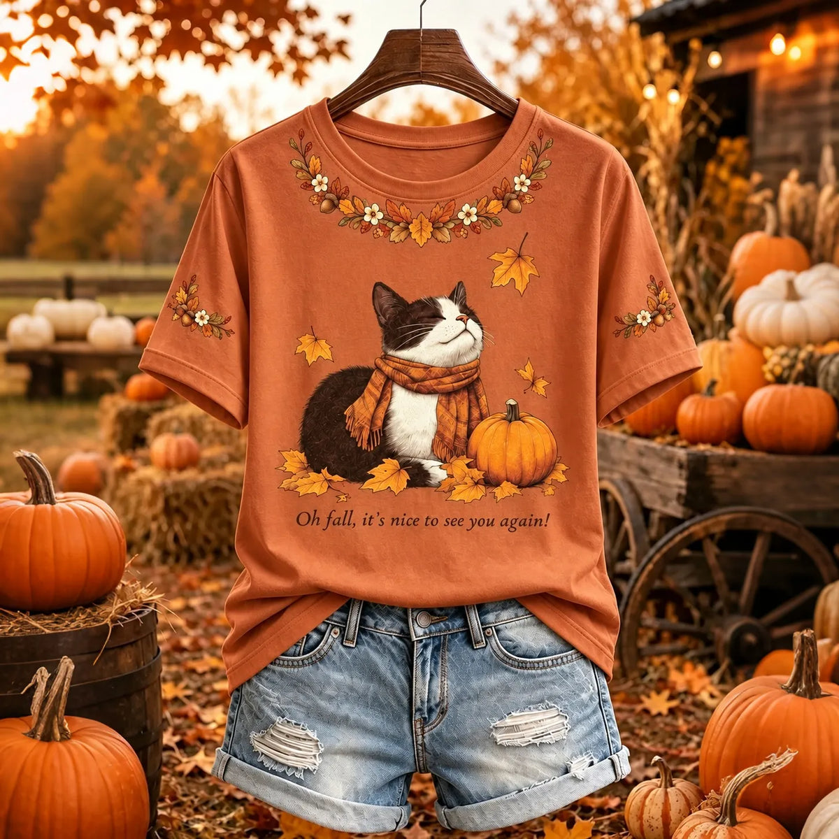 Women's Vintage Fall Cute Cat Print Crew Neck Short Sleeve T-shirt