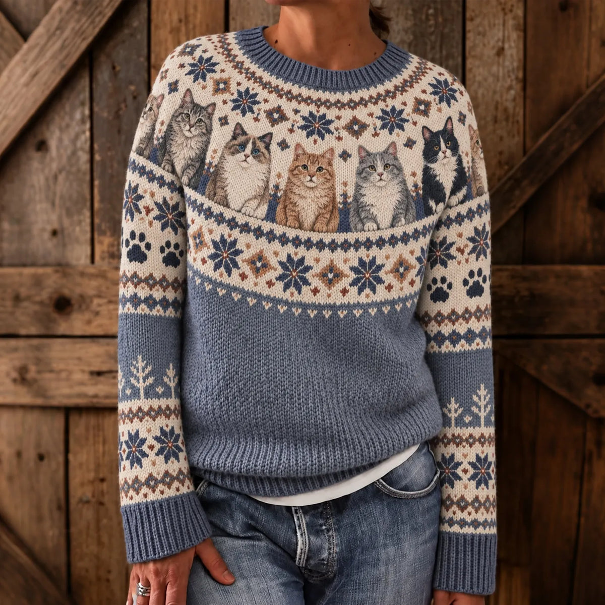 Women's Retro-style Cute Cat Ethnic Jacquard Knit Cozy Sweater