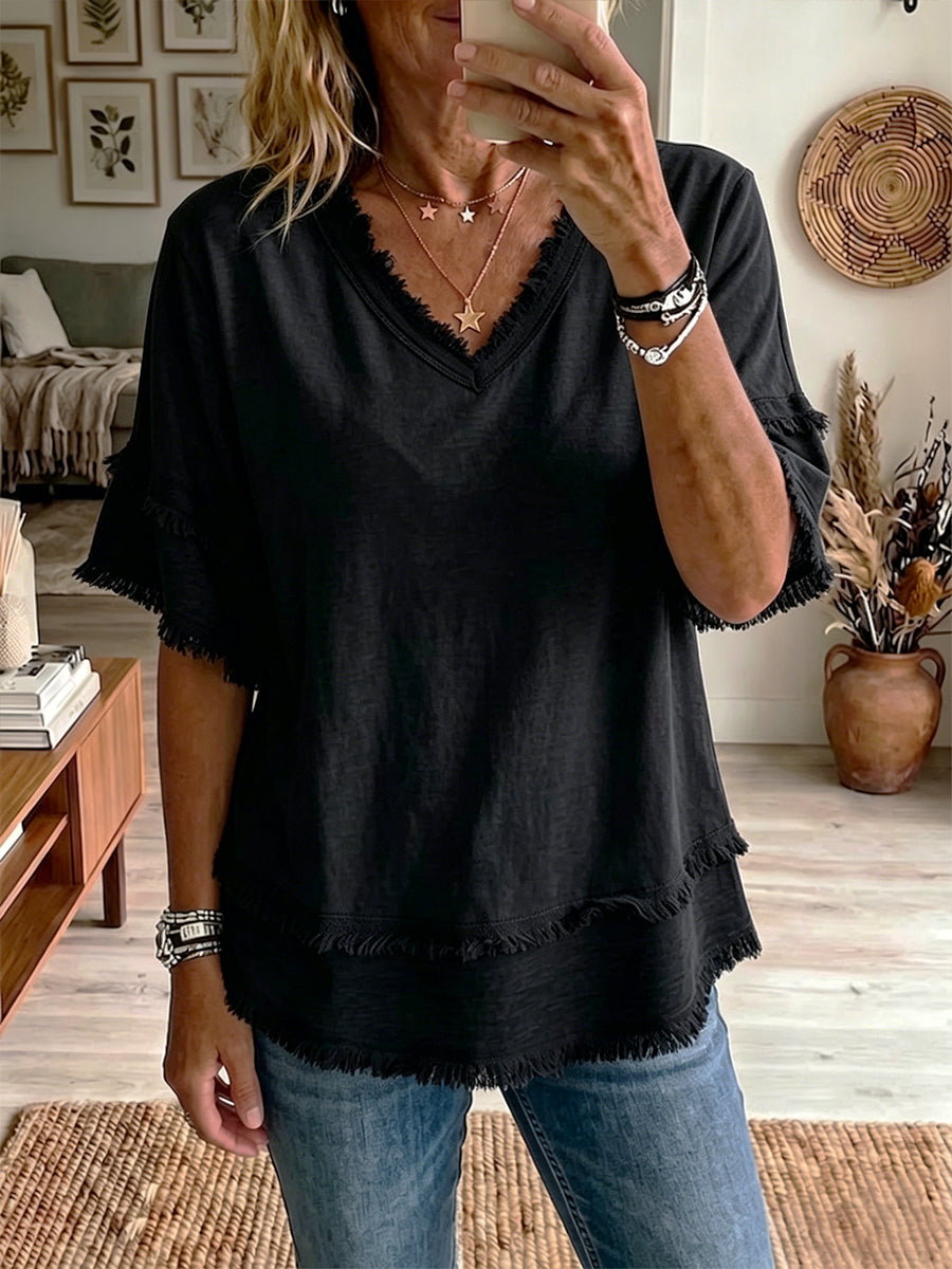 Vintage Frayed V-Neck Linen Top