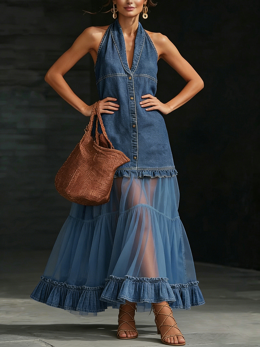 🔥LAST DAY SAVE 49% ⏰Stylish Elegant Organza-Paneled Denim Maxi Dress