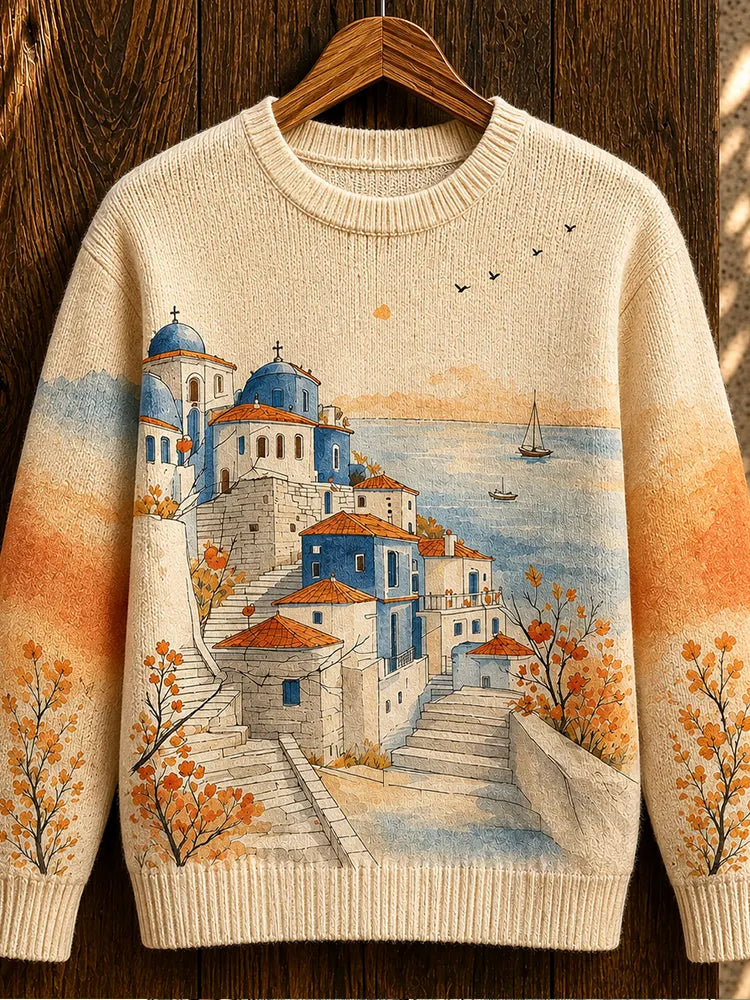Women's Scenic Coastal Town Graphic Knit Sweater - Mediterranean Village & Seascape Print