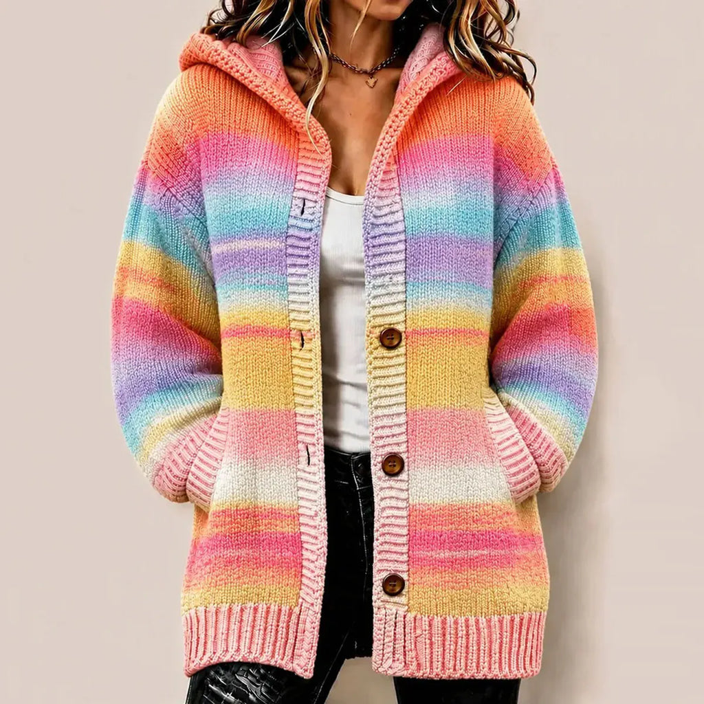 Women's Vintage Abstract Art Gradient Stripe Print Knit Hooded Cardigan