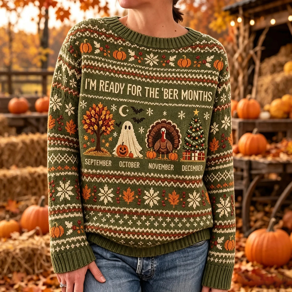 Women's I'm Ready For The 'ber Months Print Crew Neck Knit Sweater