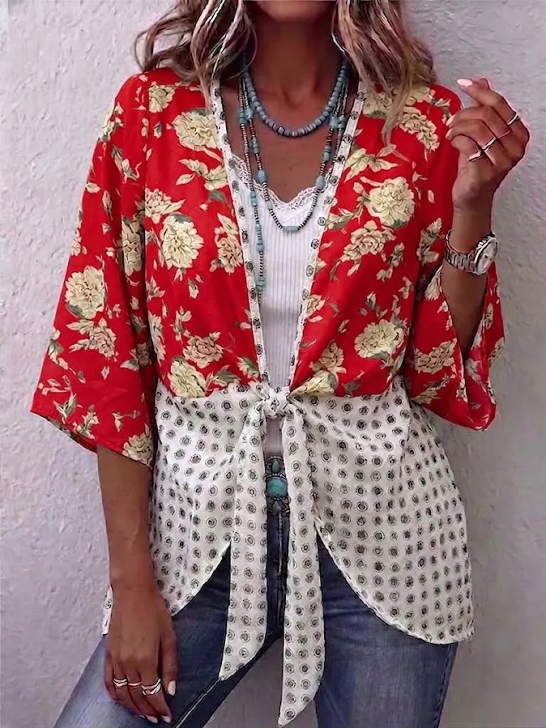 Floral & Dot Spliced V-neck Tie Front 3/4 Sleeve Blouse