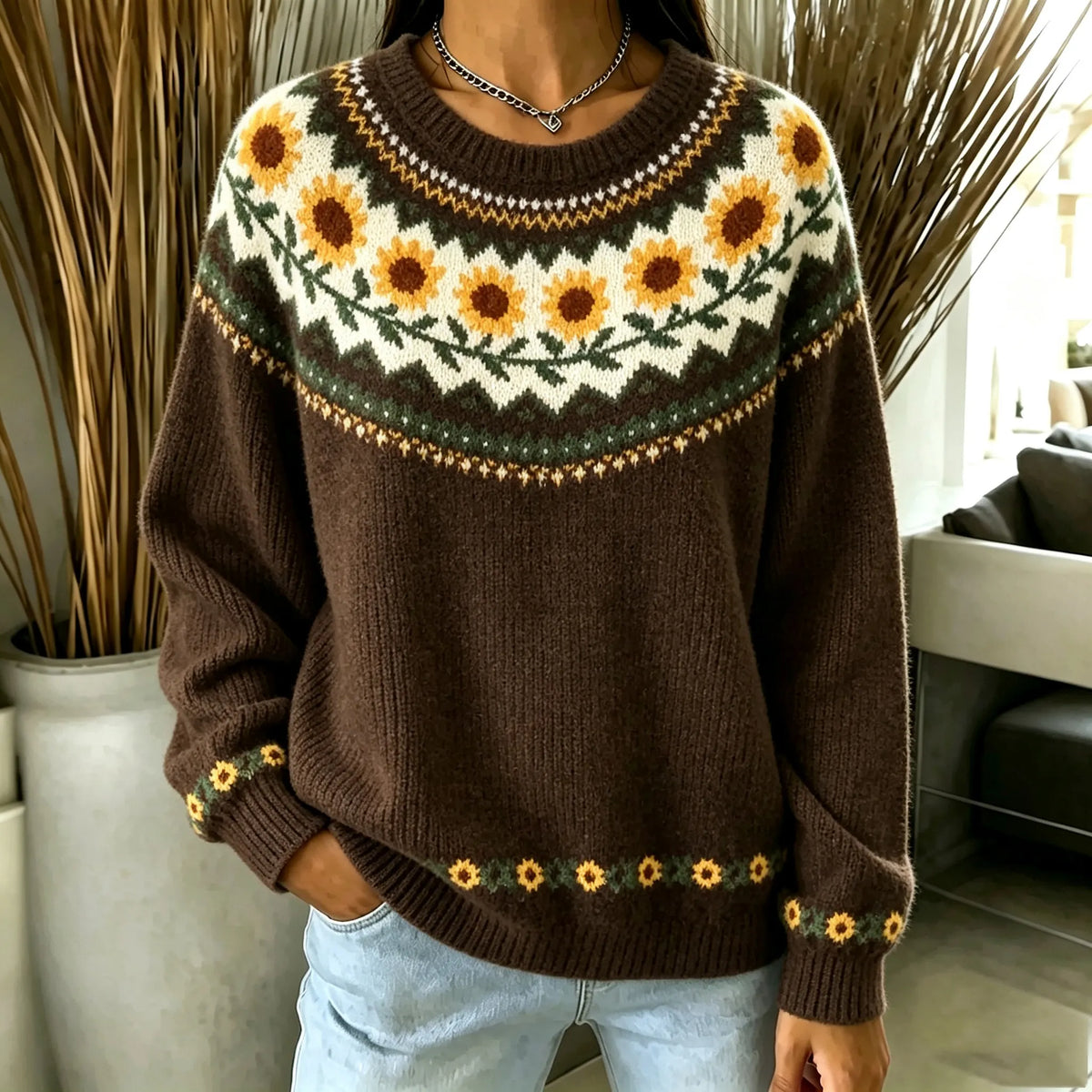 Women's Retro Floral Print Crew Neck Knit Sweater