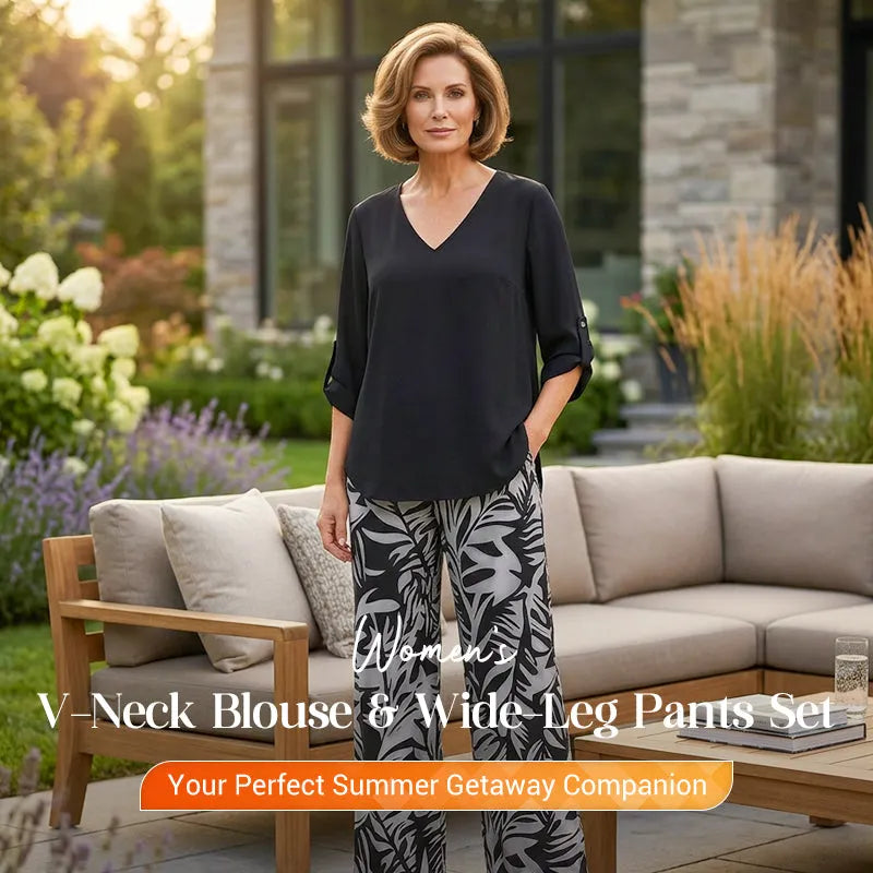🔥LAST DAY 49% OFF - Women's V-Neck Blouse & Printed Wide-Leg Pants Set