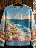 Women's Coastal Seascape Graphic Knit Sweater - Blue Ocean Waves & Floral Shoreline Print