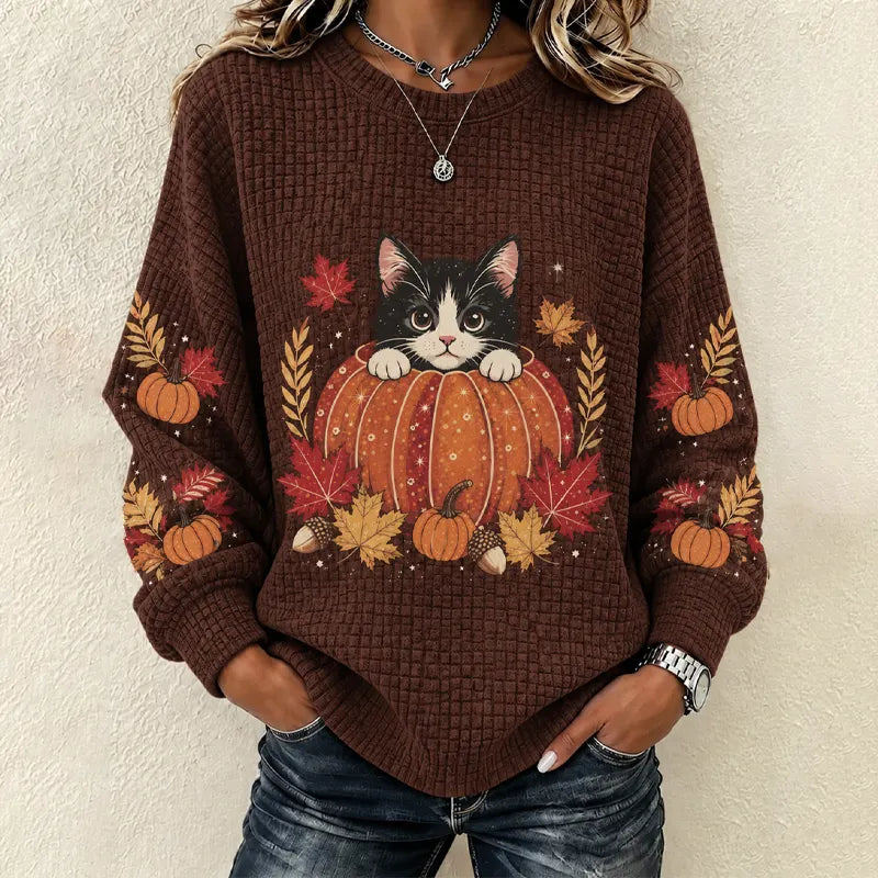 Women's Cat, Pumpkin, And Maple Leaf Illustration Print Plaid Sweatshirt