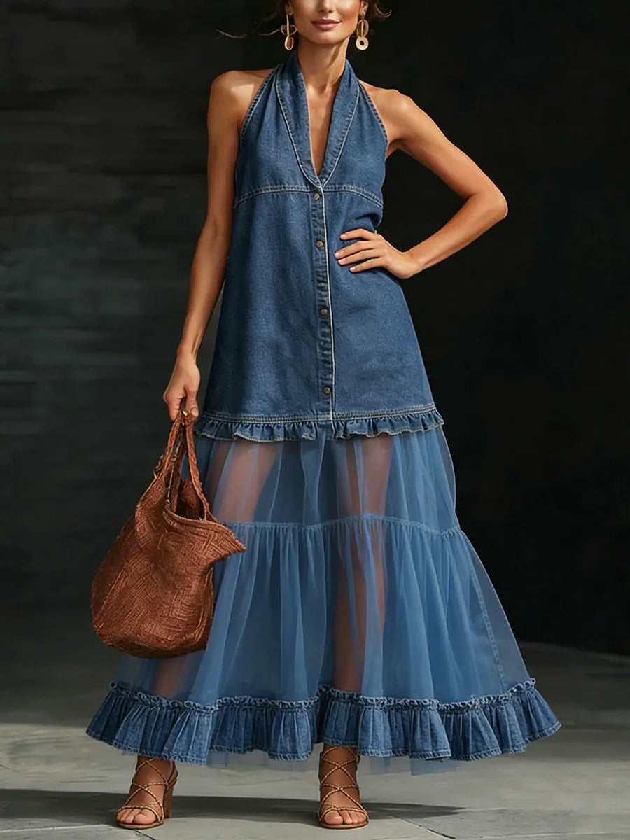 🔥LAST DAY SAVE 49% ⏰Stylish Elegant Organza-Paneled Denim Maxi Dress