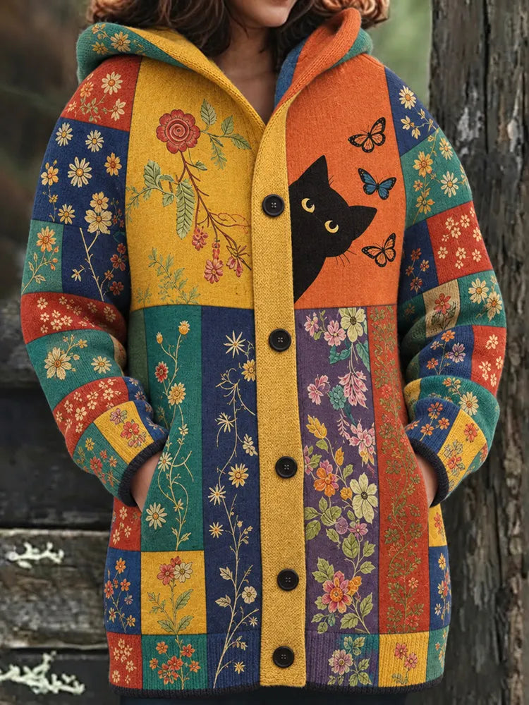 Women's Vintage Retro Colorful Black Cat With Floral Pattern Art Print Jacquard Knit Cardigan