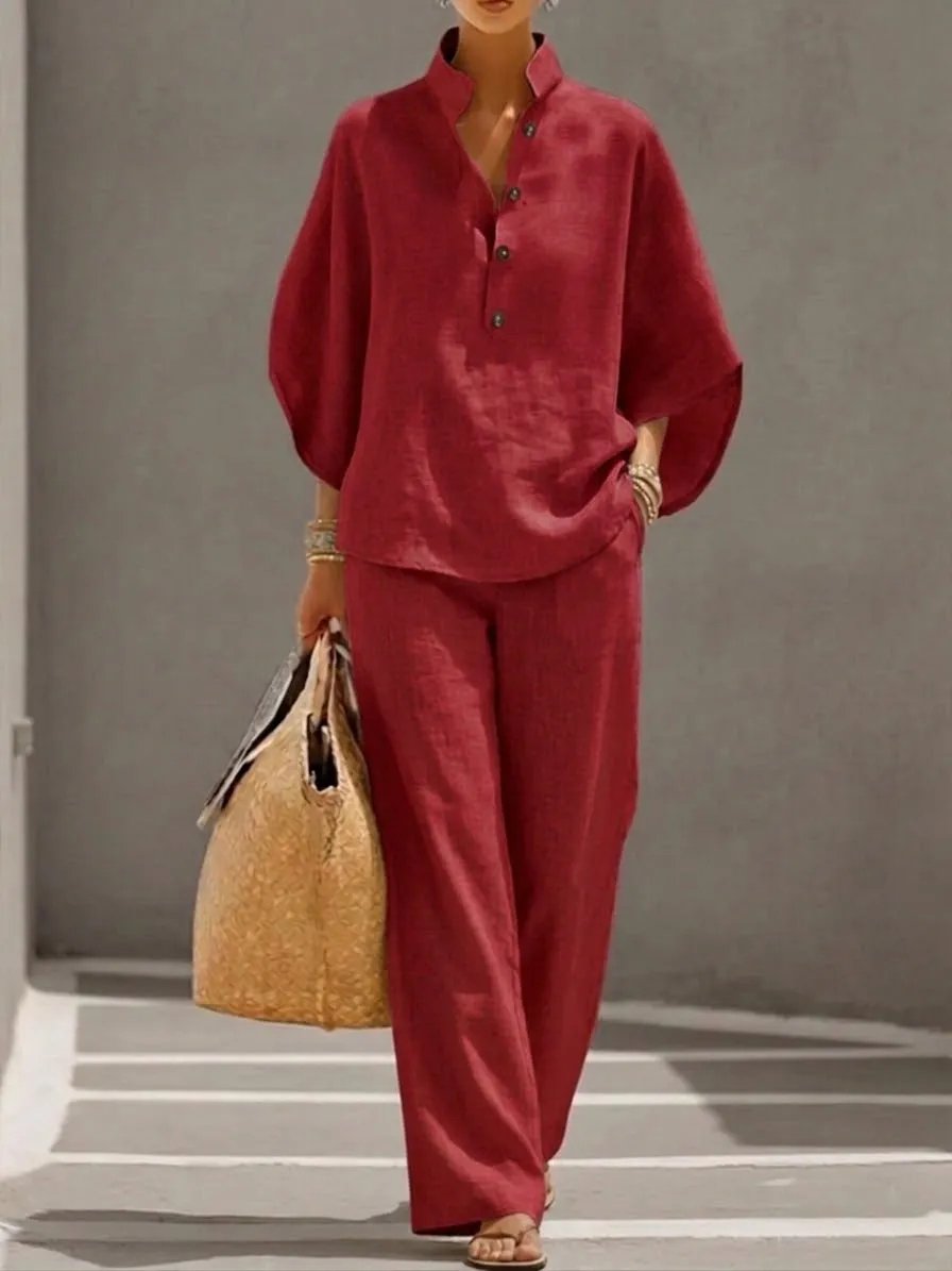 🔥 49% OFF🔥Women's Batwing Sleeve Linen Cotton Two-Piece Set – Casual Shirt & Wide Leg Pants Outfit - Khaki / S / Only 8 In Stock🚨Sale ends in 2 days⚡