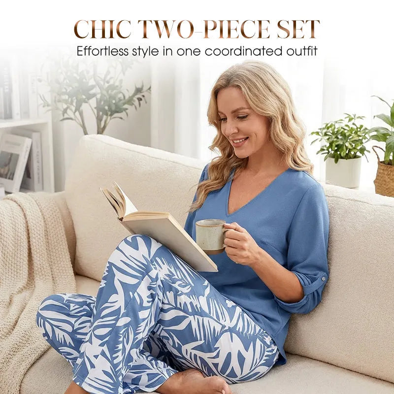 🔥LAST DAY 49% OFF - Women's V-Neck Blouse & Printed Wide-Leg Pants Set