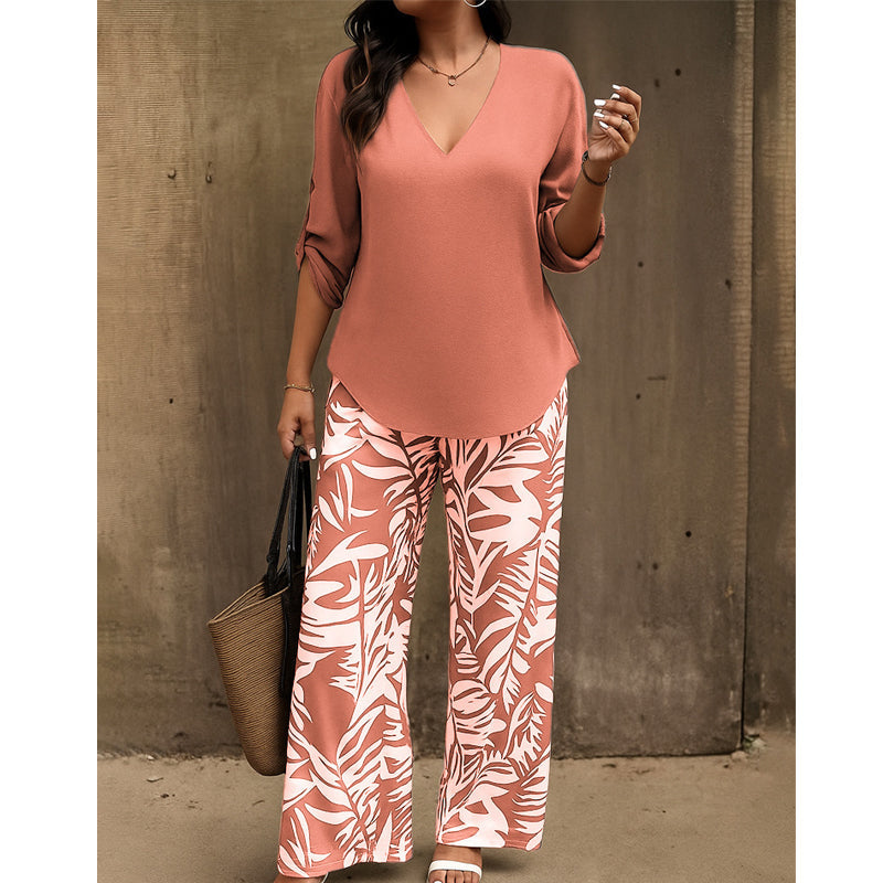 🔥LAST DAY 49% OFF - Women's V-Neck Blouse & Printed Wide-Leg Pants Set
