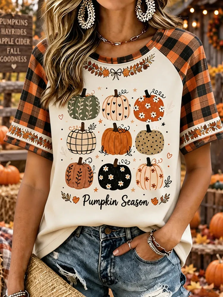 Women's Vintage Halloween Fall Pumpkin Print Crew Neck Short Sleeve T-shirt