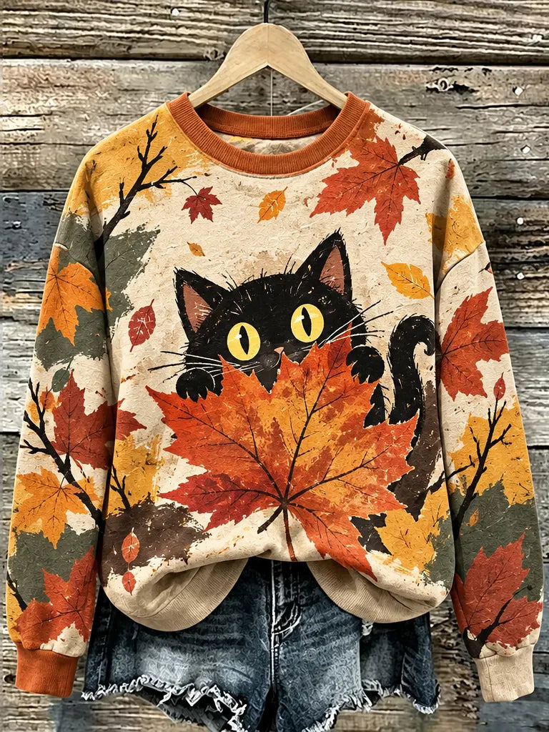 Women's Maple Leaf Black Cat Print Crew Neck Sweatshirt