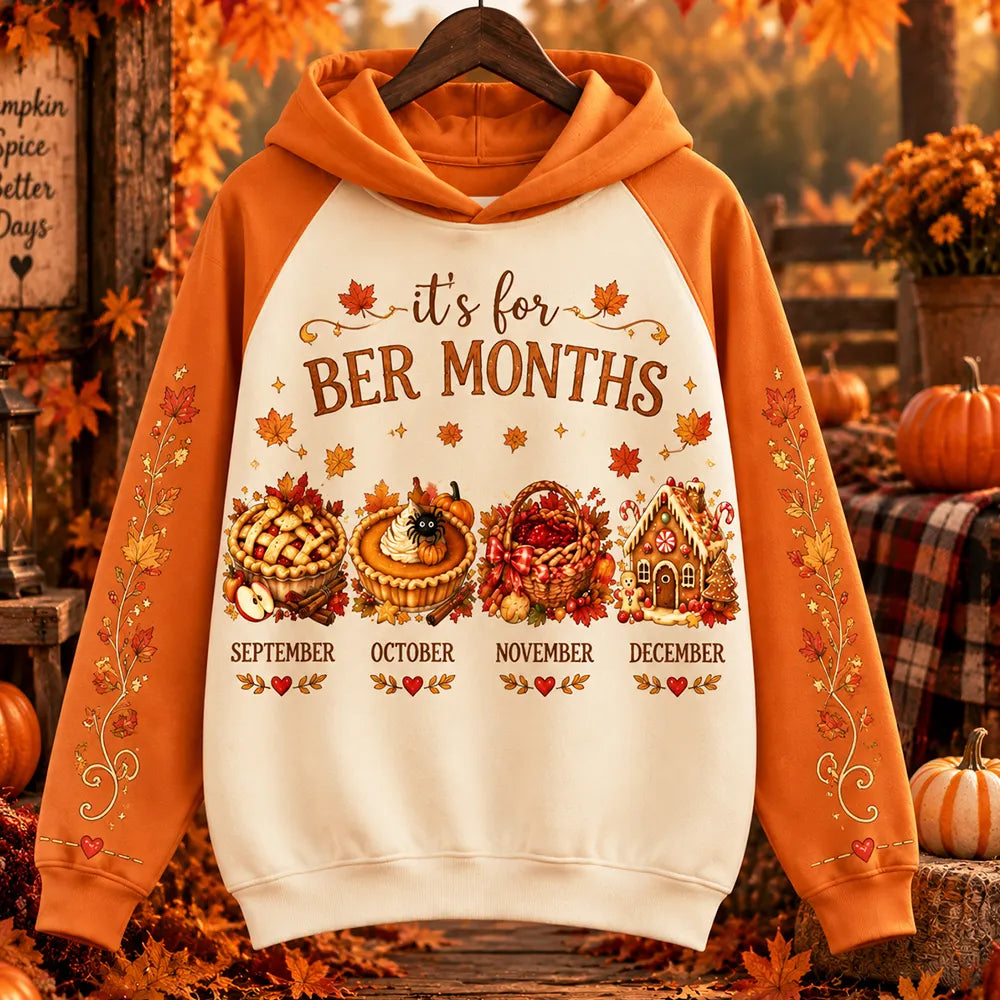 Women's Autumn "ber Months" Color-block Hoodie With Pie, Pumpkin, Basket & Gingerbread House Pattern