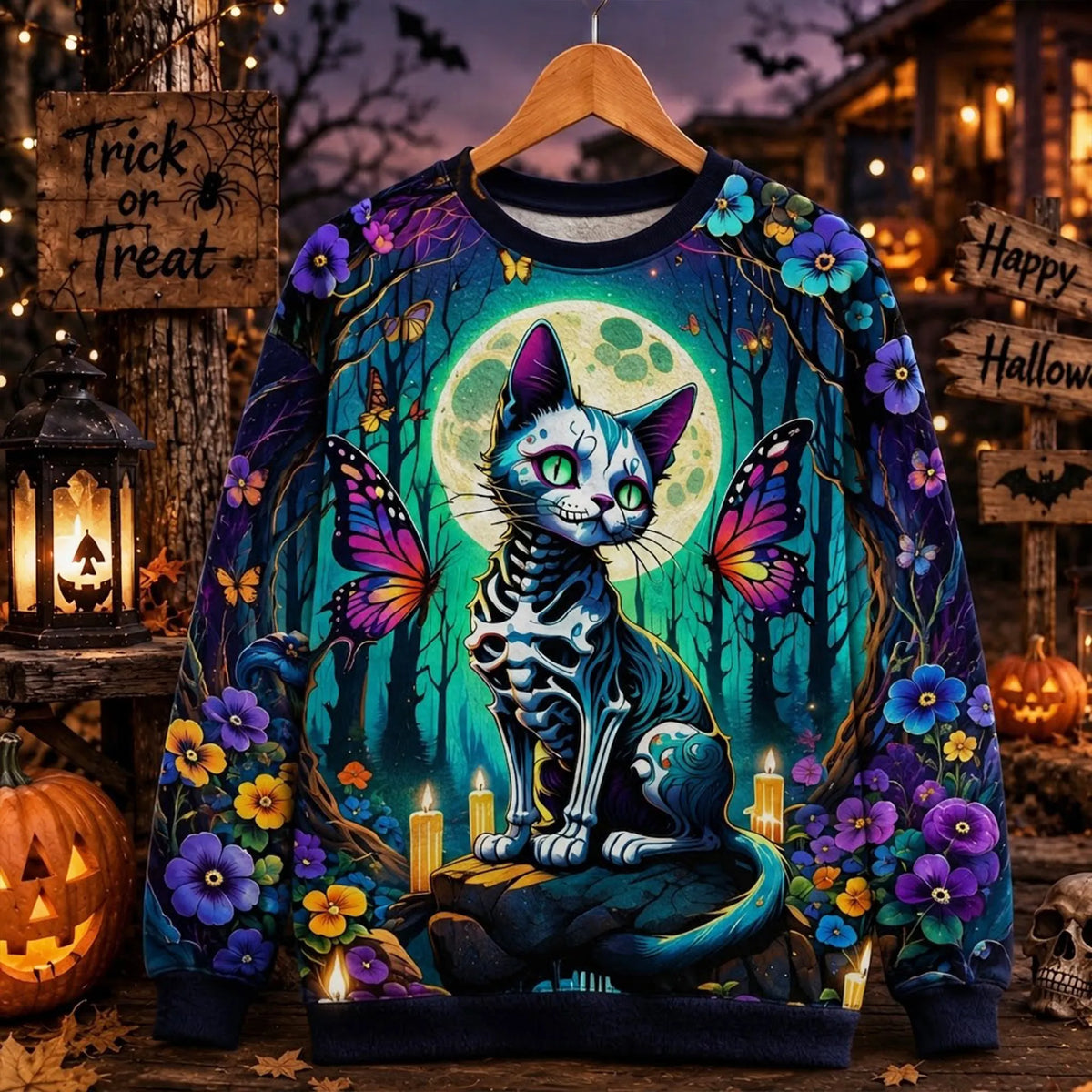 Retro Halloween Skull Black Cat Crew Neck Sweatshirt