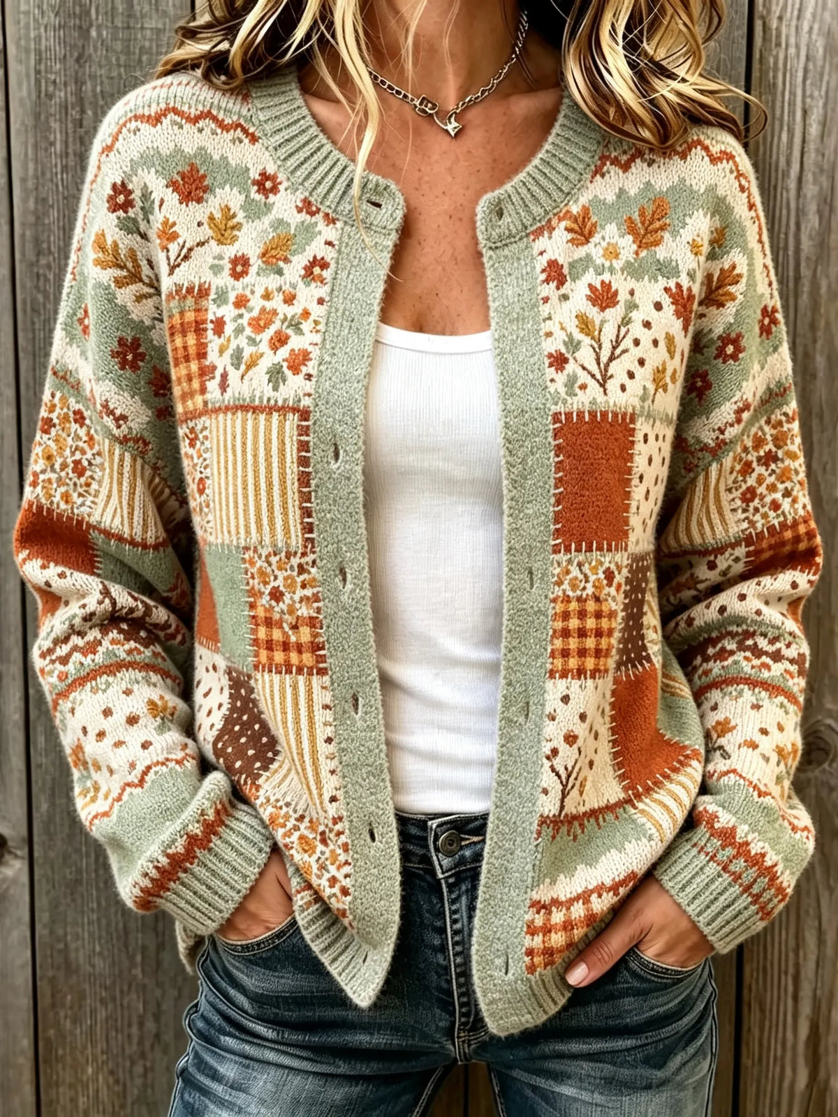 Women's Vintage Maple Leaf And Floral Knit Cardigan