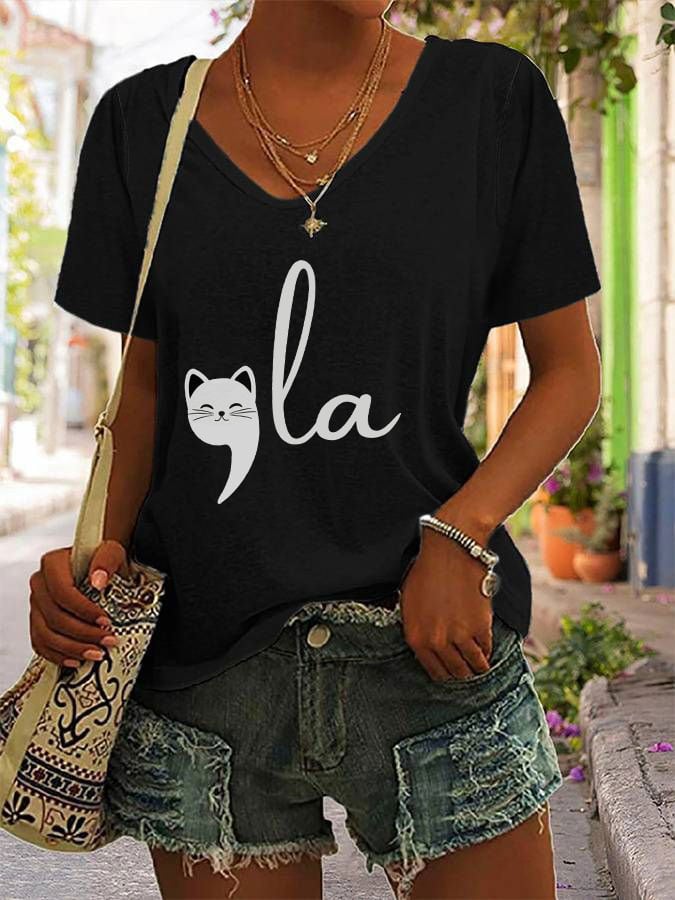 Women's La Cat Print V-Neck T-Shirt