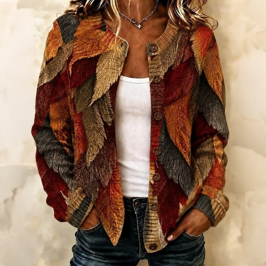 Women's Boho Retro Fall Leaf Pattern Button‐down Knit Cardigan Casual Long Sleeve Knit Jacket