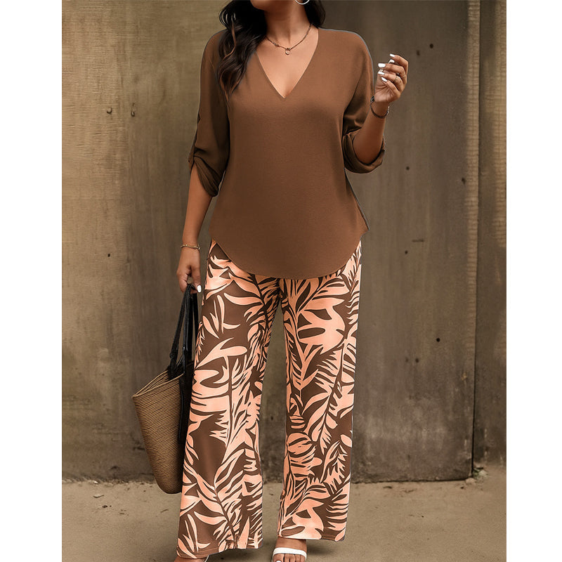 🔥LAST DAY 49% OFF - Women's V-Neck Blouse & Printed Wide-Leg Pants Set