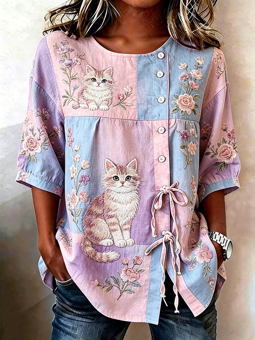 🐾 Buy 3 Save 10%🐱Women's Denim Cat Portrait Patchwork Art Print Casual Top💛100% For Shelter Pets🐱🐶