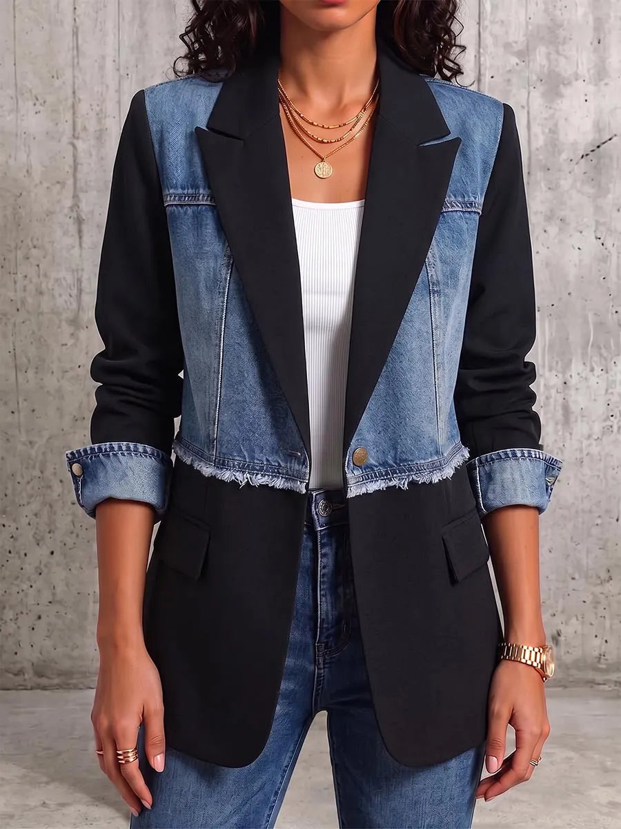 Women's Suit Collar Long Sleeve Casual Loose Patchwork Denim Cardigan