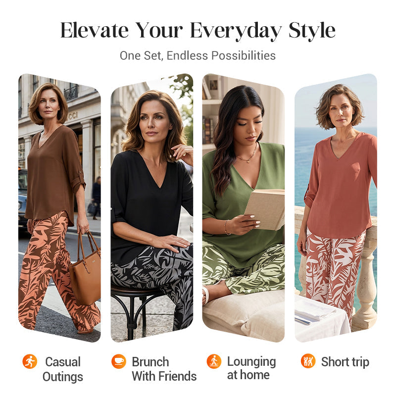 🔥LAST DAY 49% OFF - Women's V-Neck Blouse & Printed Wide-Leg Pants Set