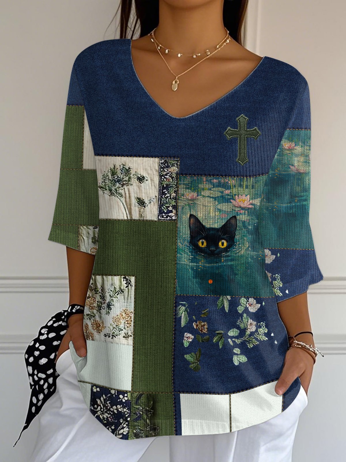 🐾Buy 3 Save 10%🐱Women's Faith Oil Painting Black Cat Print V-Neck Long Ribbed Top💛100% For Shelter Pets🐱🐶