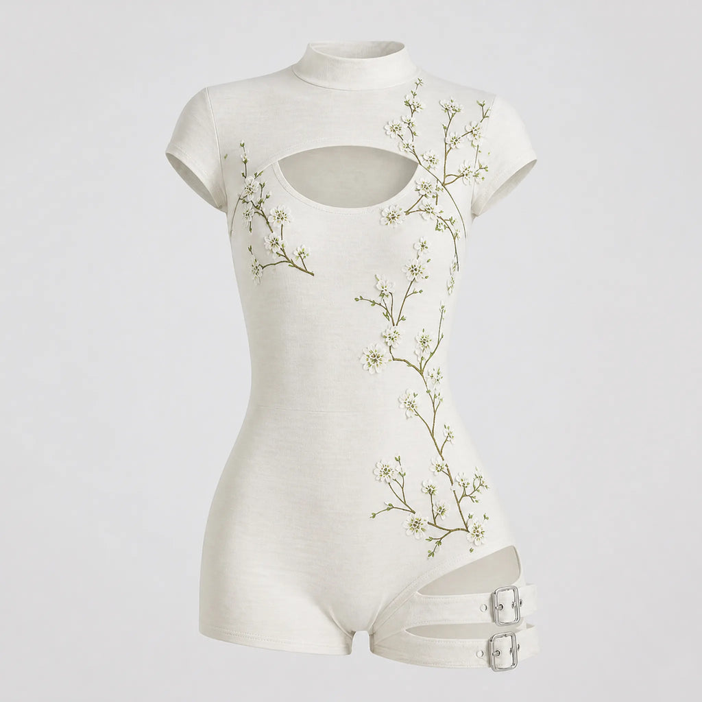 Women's Japanese Art Floral Print Cotton Linen High-neck Short-sleeve Jumpsuit