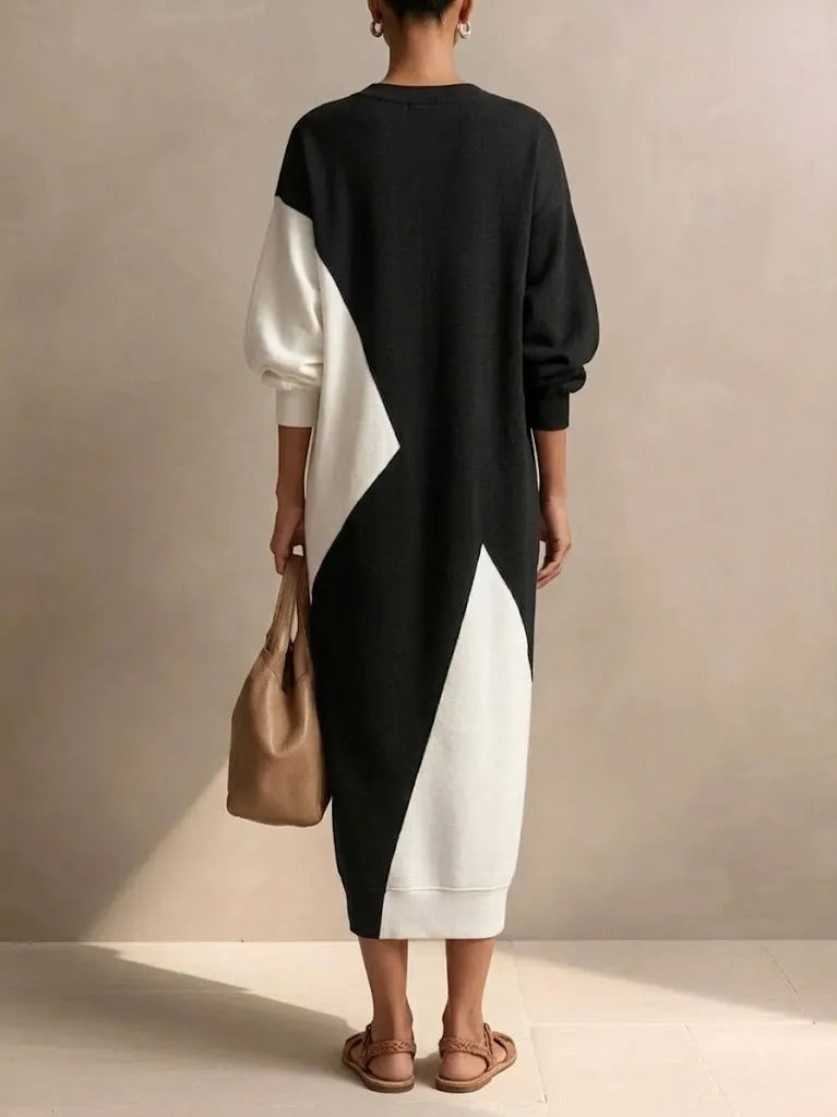 Casual Black And White Color-block Cotton Dress