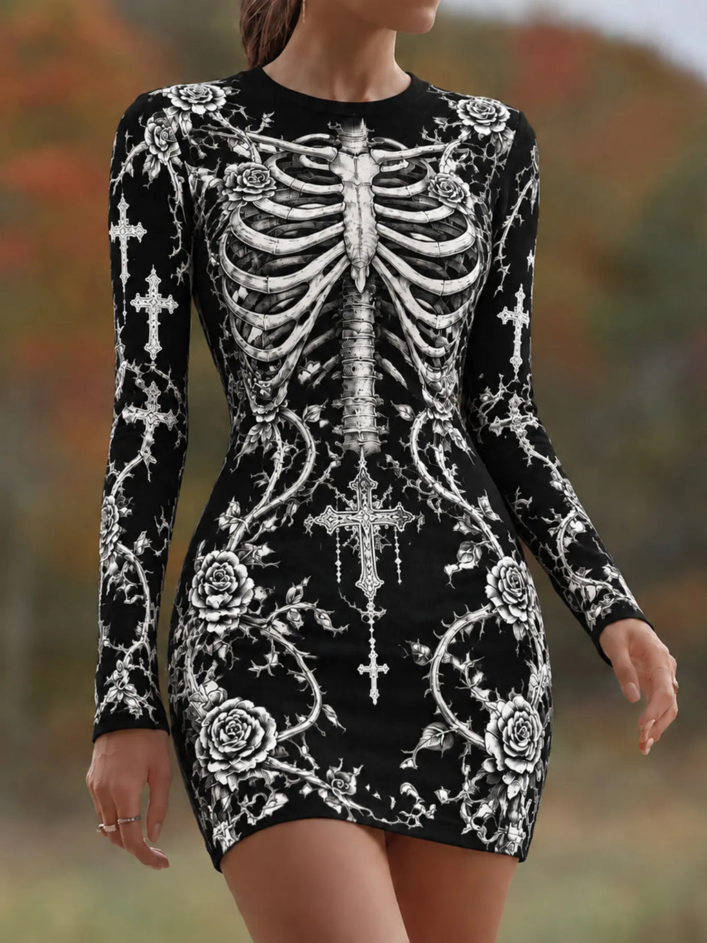 Women's Vintage Halloween Skeleton With Faith Art Comfy Mini Bodycon Dress