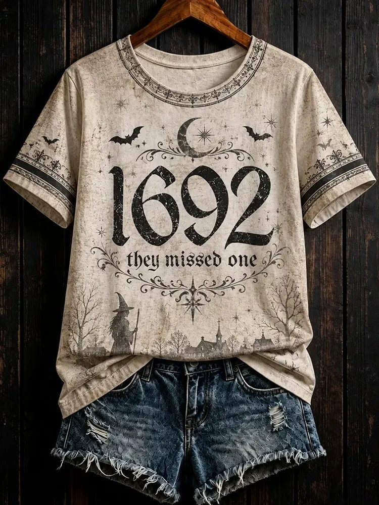 Halloween  1692 They Missed One Slogan Graphic Print Short Sleeve Top