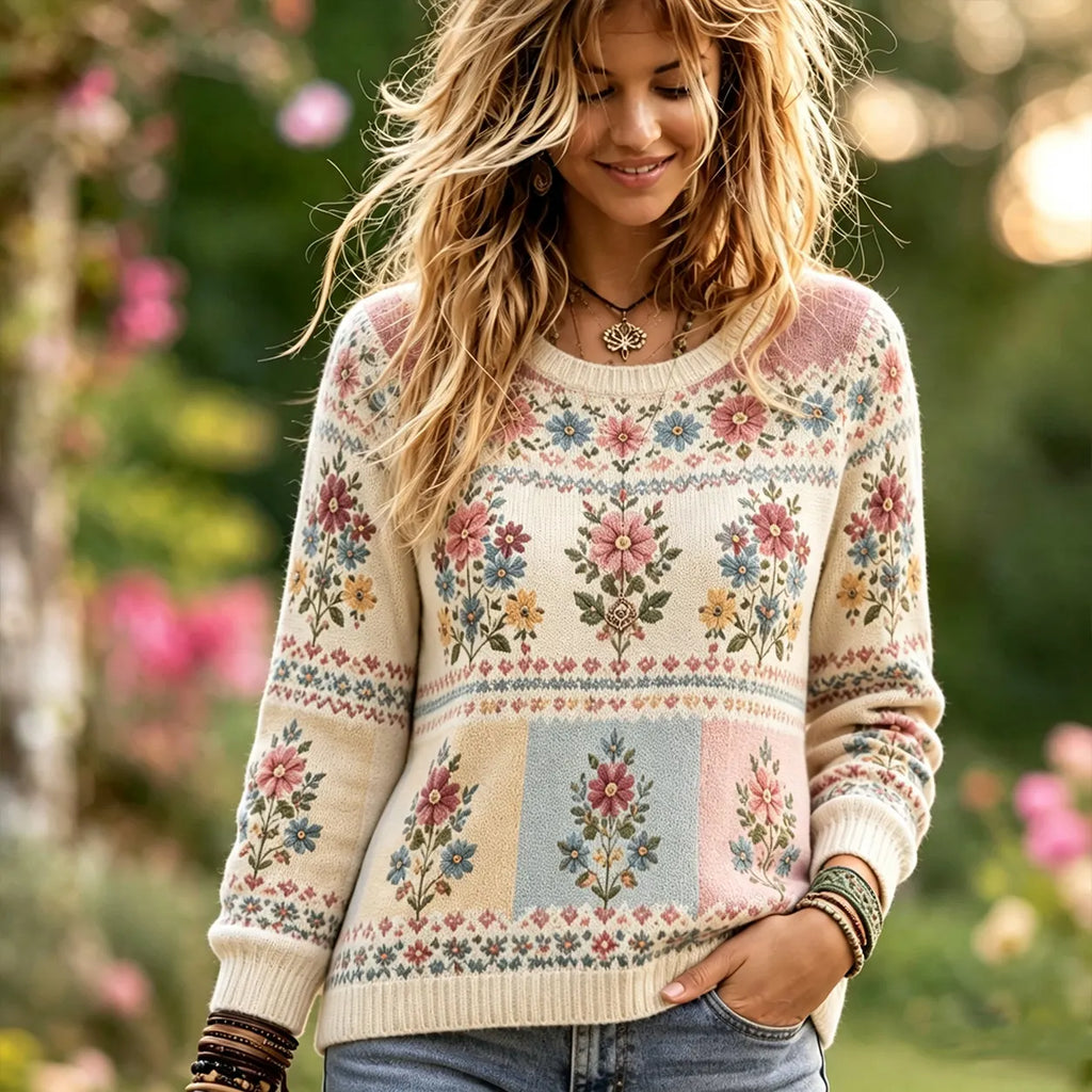 Women's Vintage Bohemian Floral Jacquard Knit Crew-neck Sweater